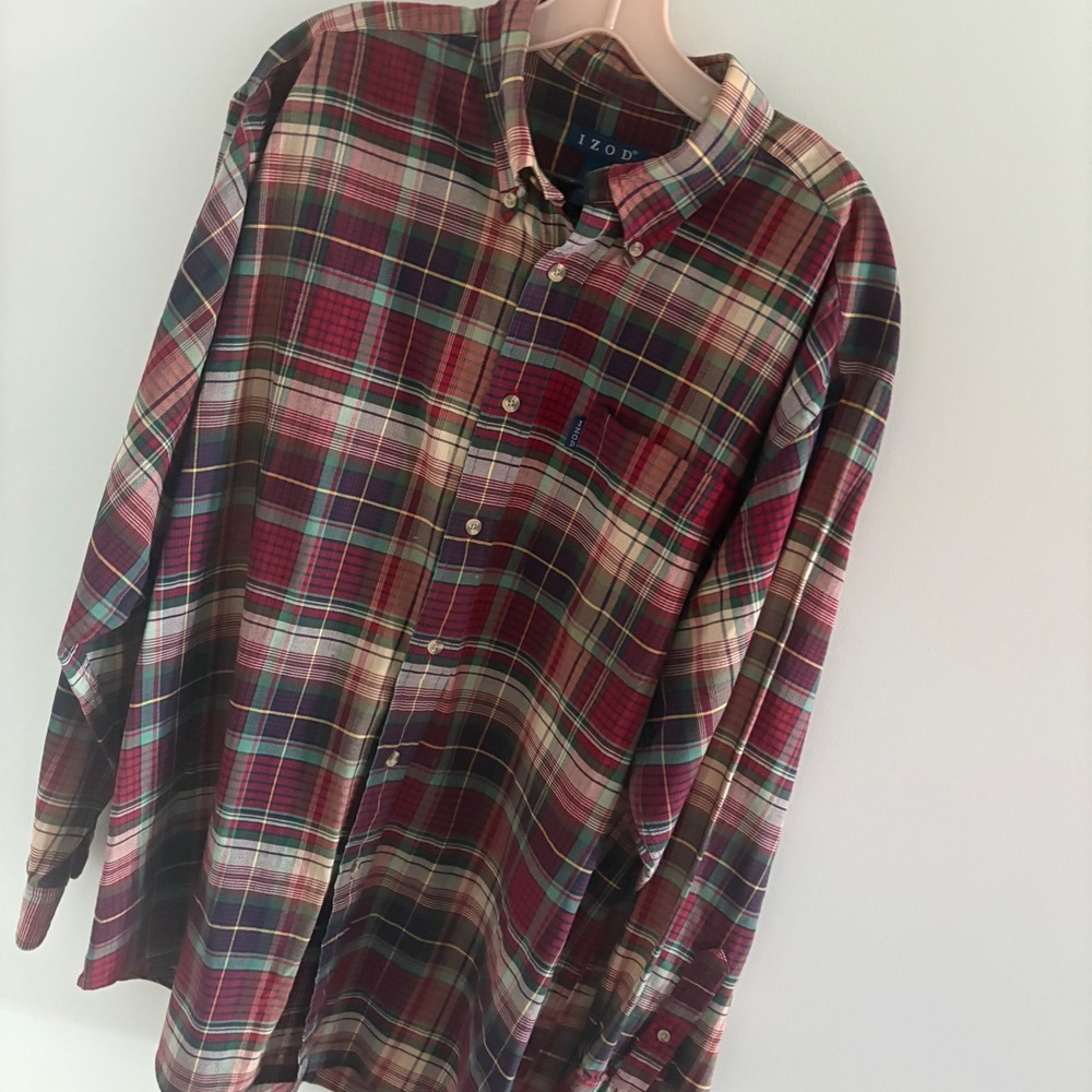 IZOD Mens Size Large Plaid Button Down Long Sleeve Shirt Collared Casual‎ Top